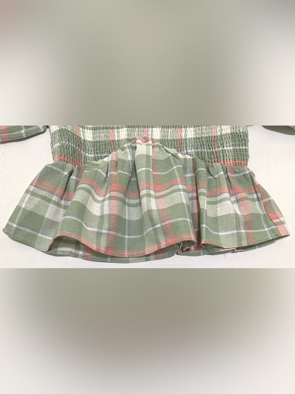 Entro Womens L Green Plaid Puff Sleeve Peplum Top Summer Preppy Fairy Feminine - Picture 6 of 15